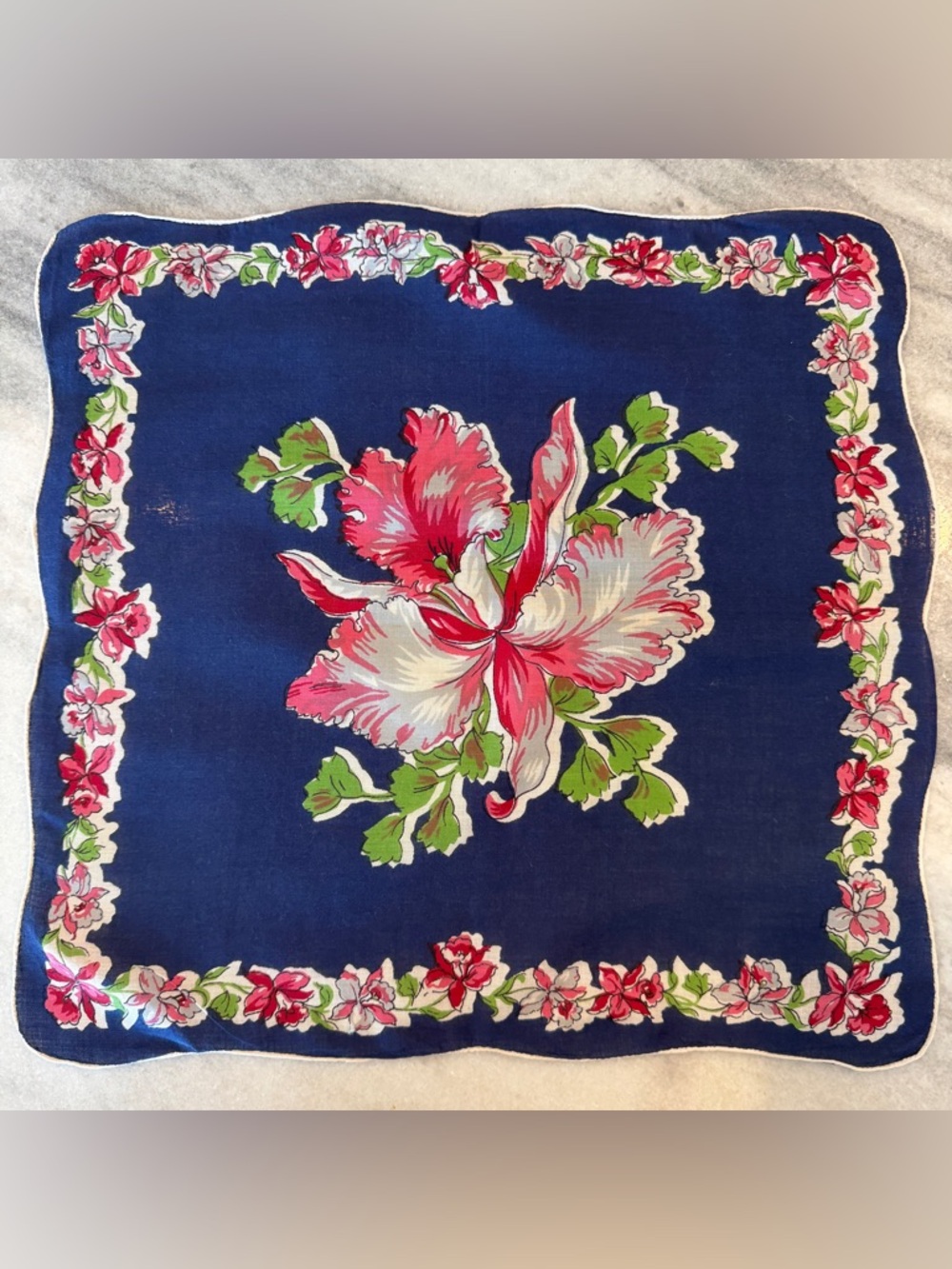 Navy Pink Floral Hankie Handkerchief Vintage 50s 60s Scallop Cottagecore Granny